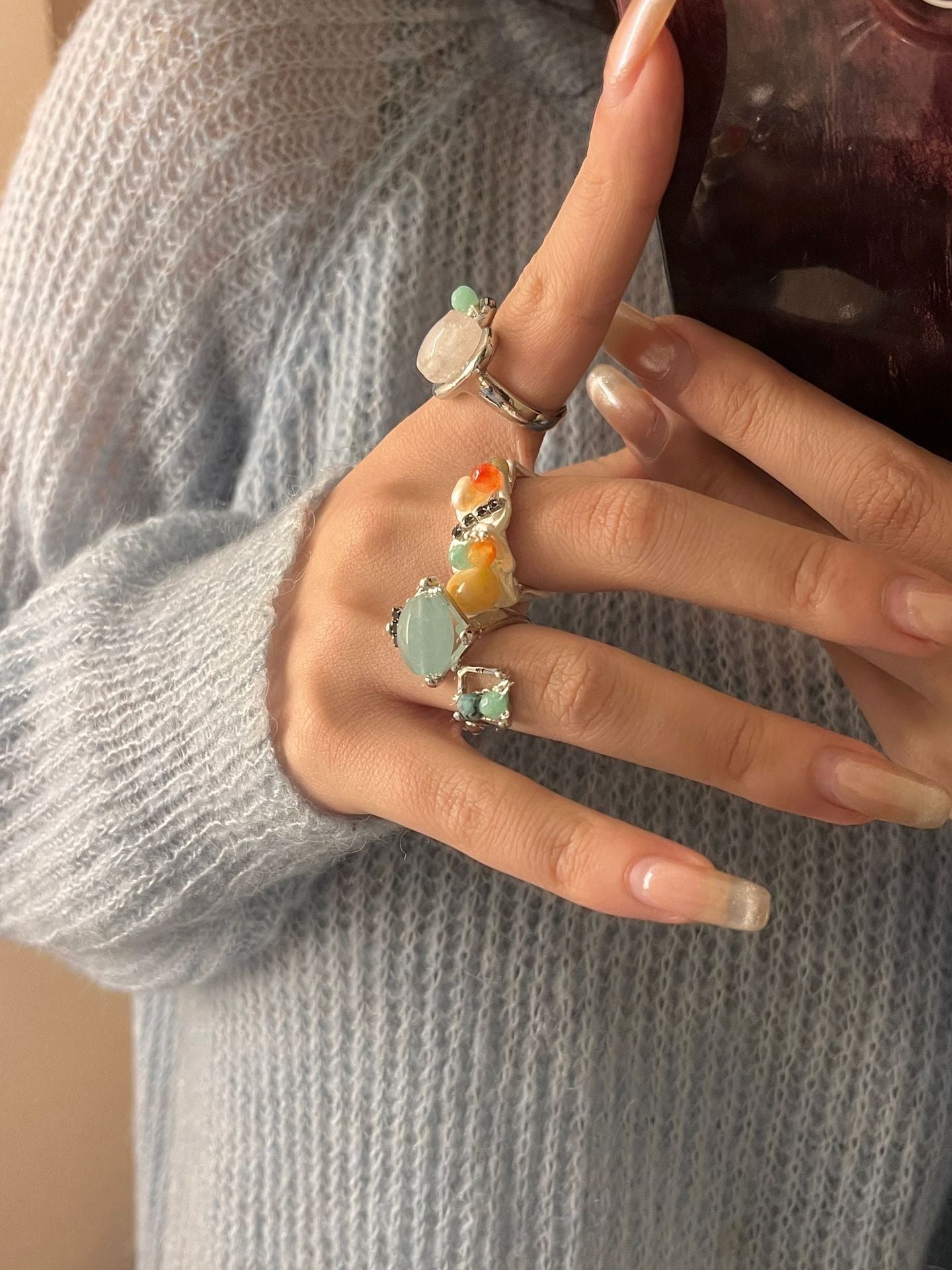 Handcrafted Beaded Natural Stone Open Stackable Rings, Women's Layered Boho Style