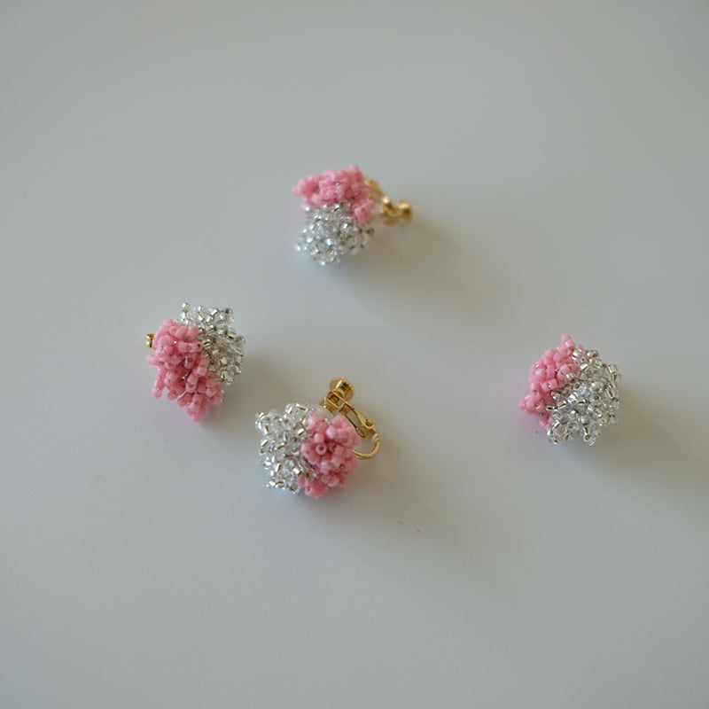 Pink and Silver Two-Tone Earrings, Beaded Crochet Studs and Clips