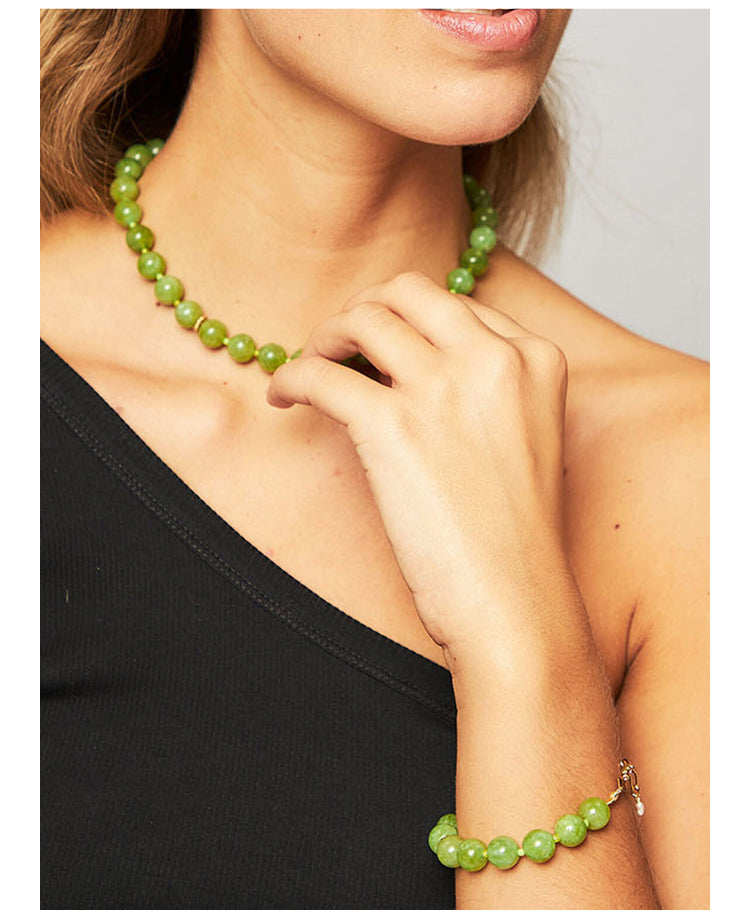Natural Green Agate Bead Necklace, 18K Gold-Plated Copper, Adjustable 43+8cm Length