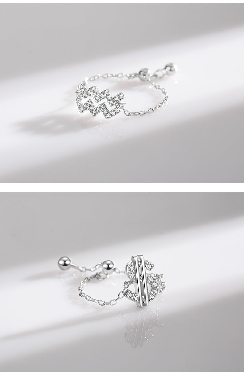 Sterling Silver Ring with Chain Design, Zirconia Inlay, Adjustable Size, Different Choice with Crystals for Women and Girls