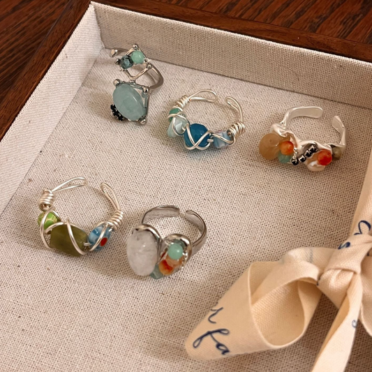 Handcrafted Beaded Natural Stone Open Stackable Rings, Women's Layered Boho Style