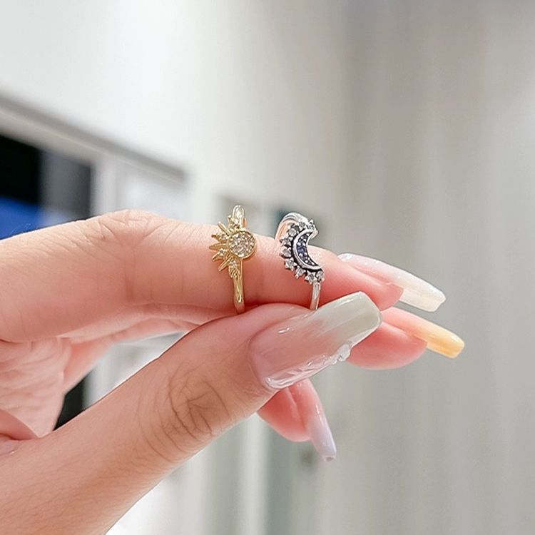Sun & Moon Harmony Ring Set, Stackable Solar and Lunar Bands, Adjustable Starry Sky Rings