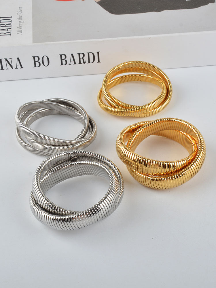 Triple Loop Elastic Bracelet, Vintage Style, Exaggerated Textured Cuff, Titanium Steel Stackable Bangle