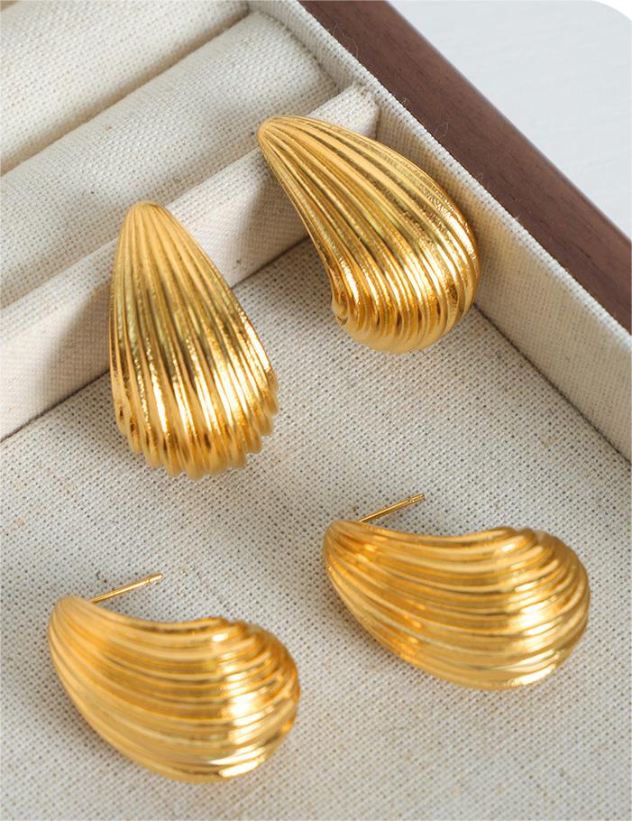 Italian Style Fashion Earrings, Brushed Waterdrop Design, Titanium Steel Gold-Plated