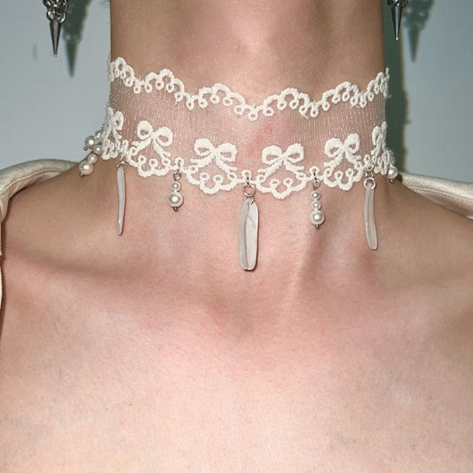 Vintage Lace Crystal Choker Necklace & Natural Seashells Pendant for Women Accessories Elegant Statement Necklace Gothic Lady Party Jewelry