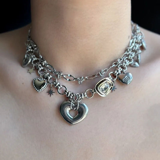 Y2K Heart Shape Punk Necklace Choker Titanium Steel Liquid Metal Handmade Necklace Collarbone Chain for Women