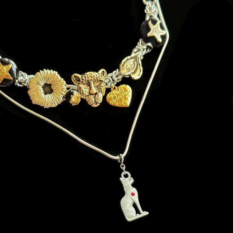 Layered leopard and cat metal vintage  necklaces, punk retro style, Y2K necklace,  creative and unique, perfect gifts for men & women