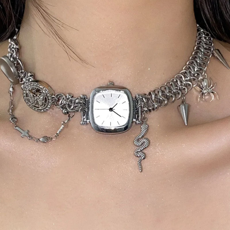 Cyber Punk Vintage Chunky Metal Chain Snake Necklace,Silver Watch Pendant Choker, Trendy Jewelry, Y2KAccessories, Perfect Unique Handmade Gift