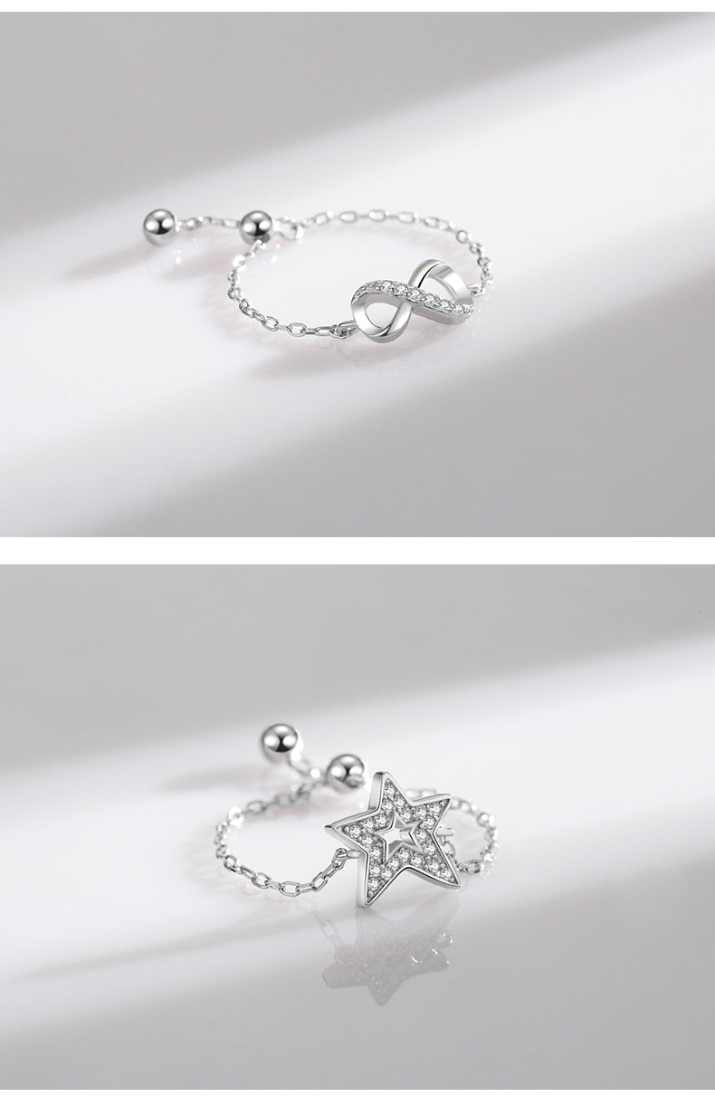 Sterling Silver Ring with Chain Design, Zirconia Inlay, Adjustable Size, Different Choice with Crystals for Women and Girls
