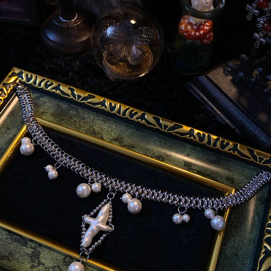 Retro Handmade Original Titanium Steel Pearl Cross Necklace