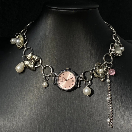Pink Girlish Watch Necklace Sweet Titanium Steel Necklace