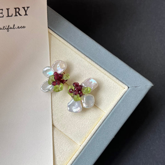 Natural Baroque Petal Pearl Handmade Woven Elegant Sweet Earrings S925 Silver Needle