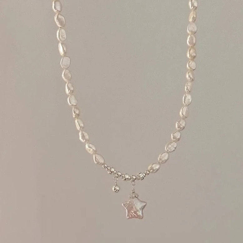 Delicate Sterling Silver Baroque Pearl Necklace with Star Charm – Elegant Fashion Accessory