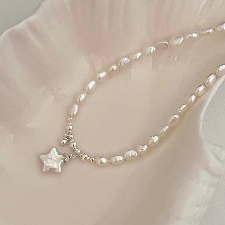 Delicate Sterling Silver Baroque Pearl Necklace with Star Charm – Elegant Fashion Accessory