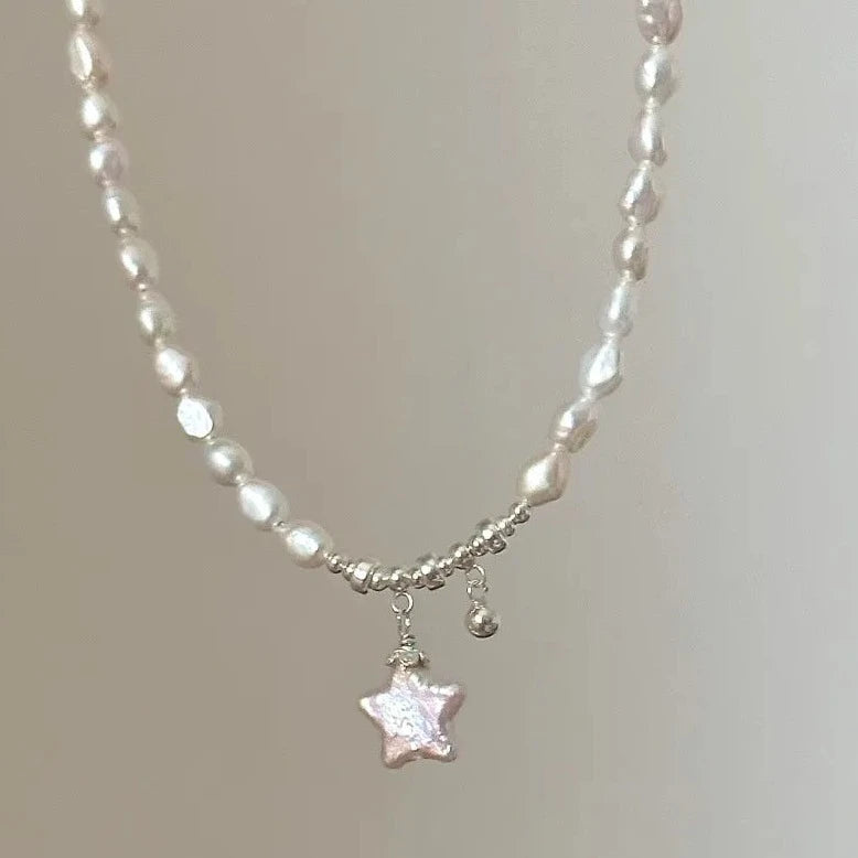 Delicate Sterling Silver Baroque Pearl Necklace with Star Charm – Elegant Fashion Accessory