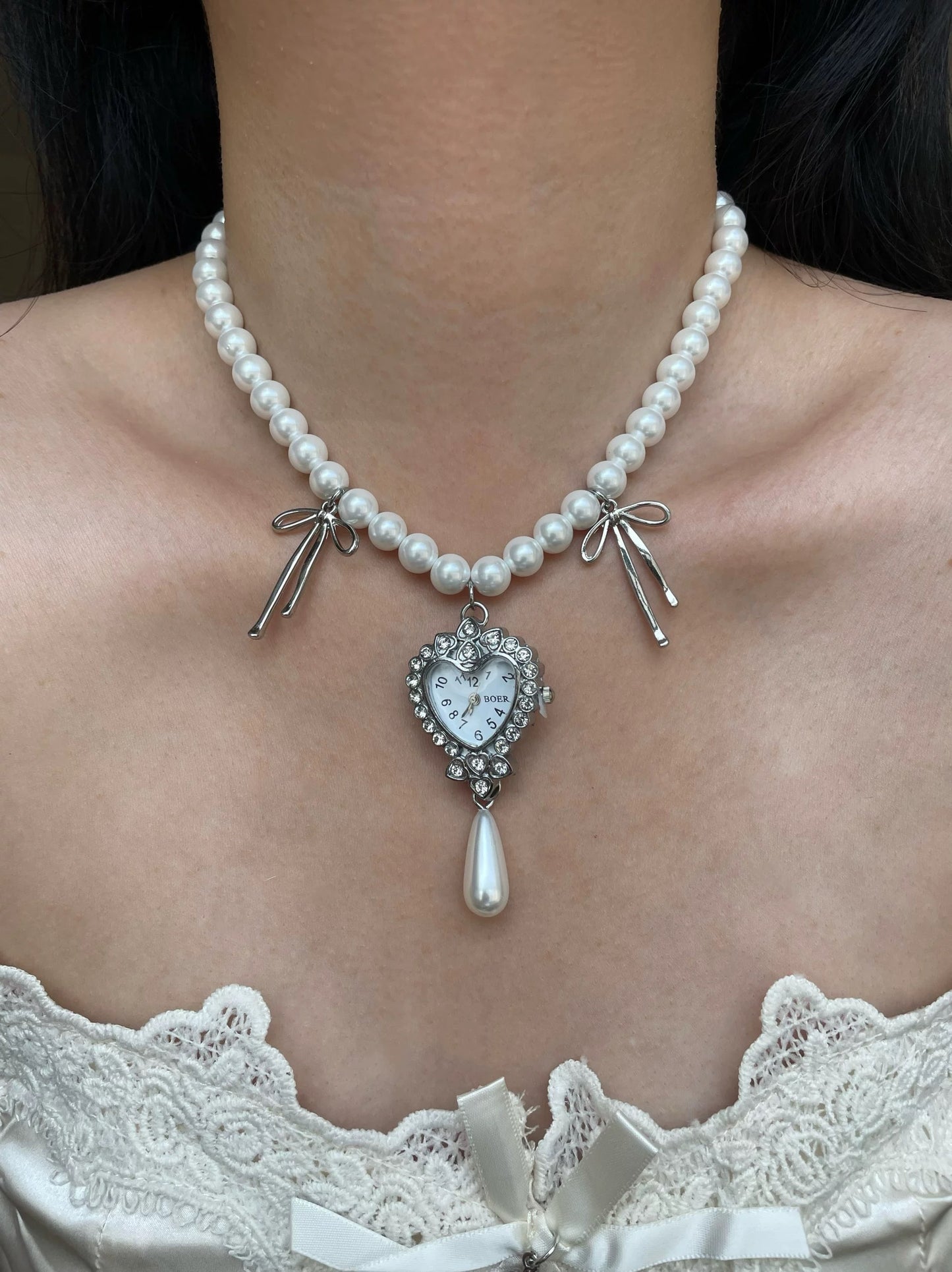 Y2K Vintage Pearl Silver Watch Bow Choker Necklace, Silver Chain Spike Watch Necklace, Courtly Elegant Jewelry, Handcrafted Gift for Her