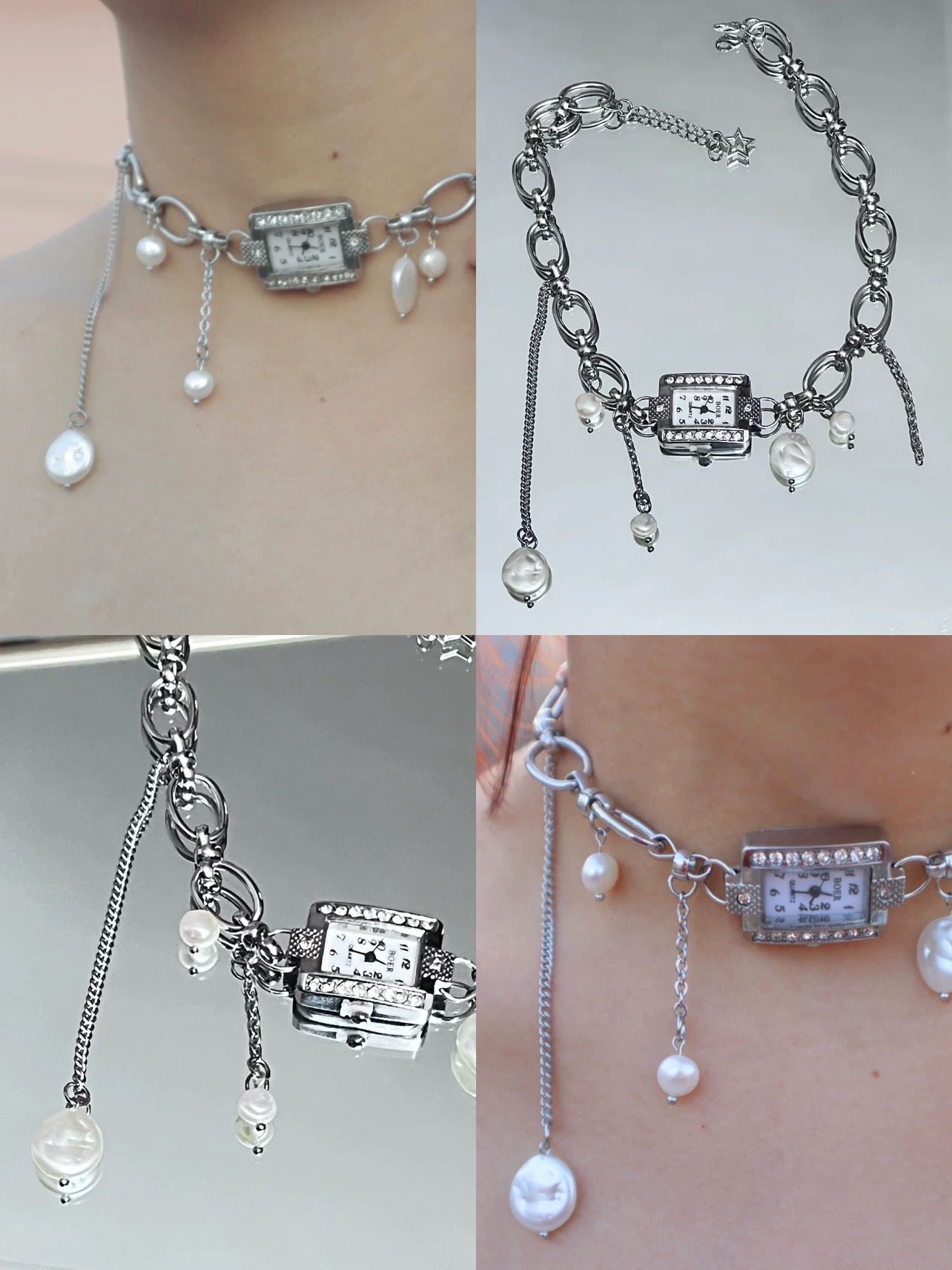 Hand Made Vintage Elegant Silver Watch Choker Necklace,Fringe Freshwater Pearl Pendant,Chunky Chain necklace,Y2K Niche Choker,Gift for her