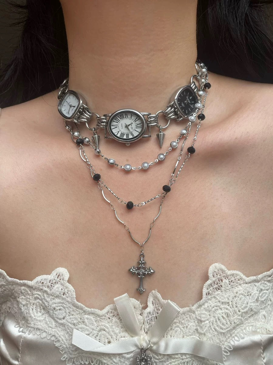 Punk Silver Black Watch Necklace, 3 Clock Spike Silver Chain Choker