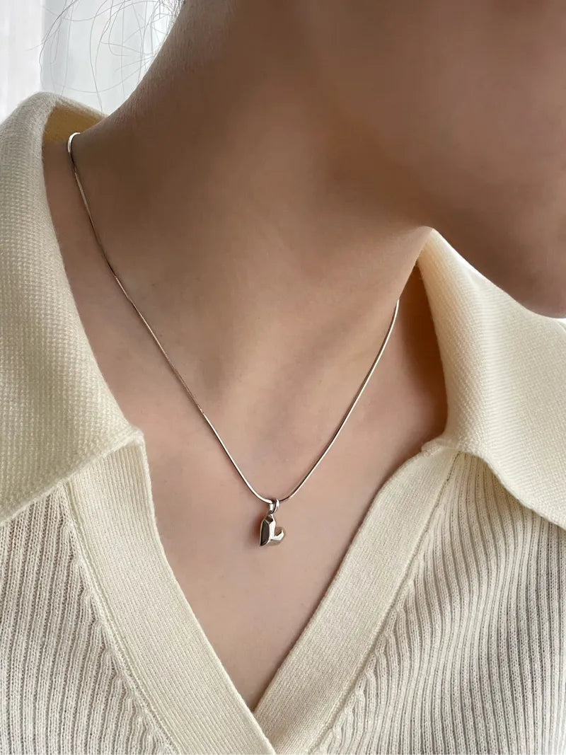 Sterling Silver Snake Bone Heart Pendant Necklace – 3D Heart Charm Jewelry for Chic Fashion