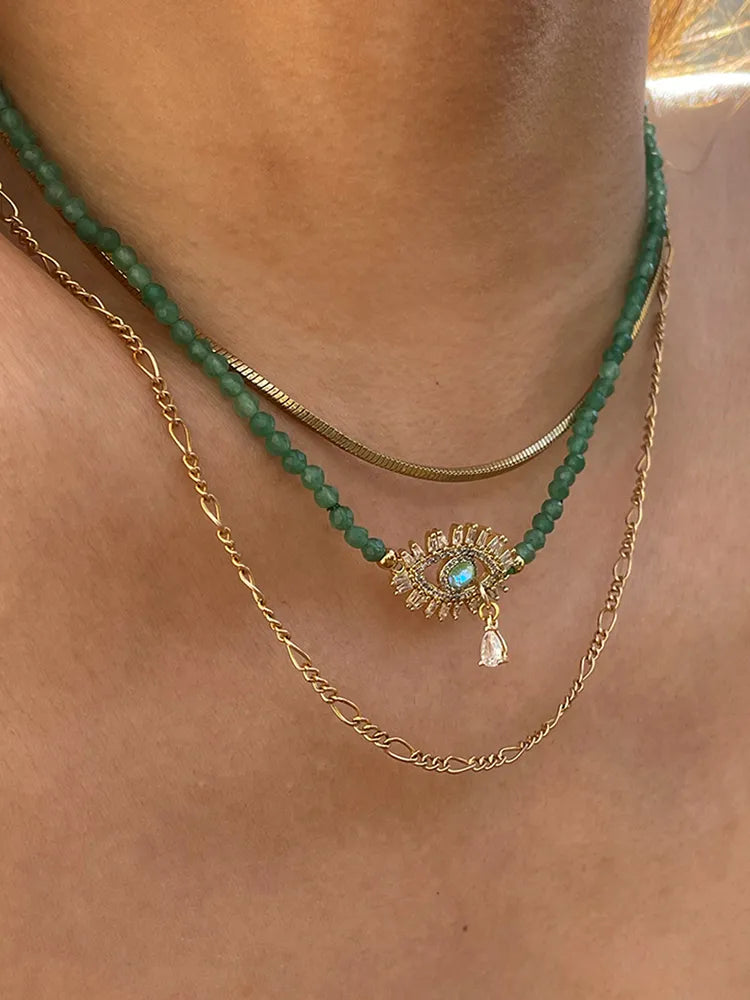 Handcrafted Green Jade Evil Eye Necklace – Iridescent Gemstone Pendant for Protection and Style