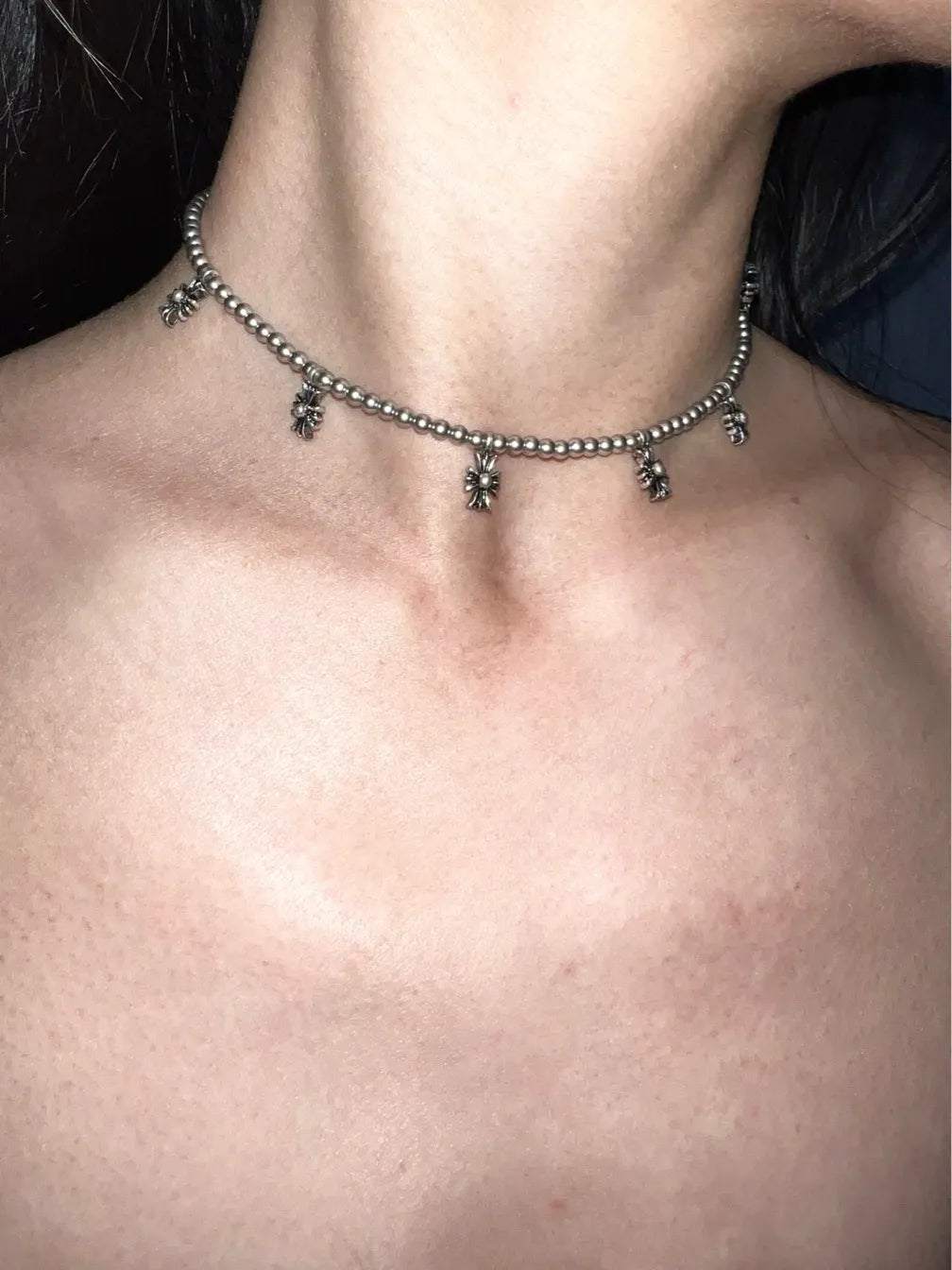 Handcrafted Grey Pearl Choker with Cross Pendants - Unique Statement Necklace for Trendsetters