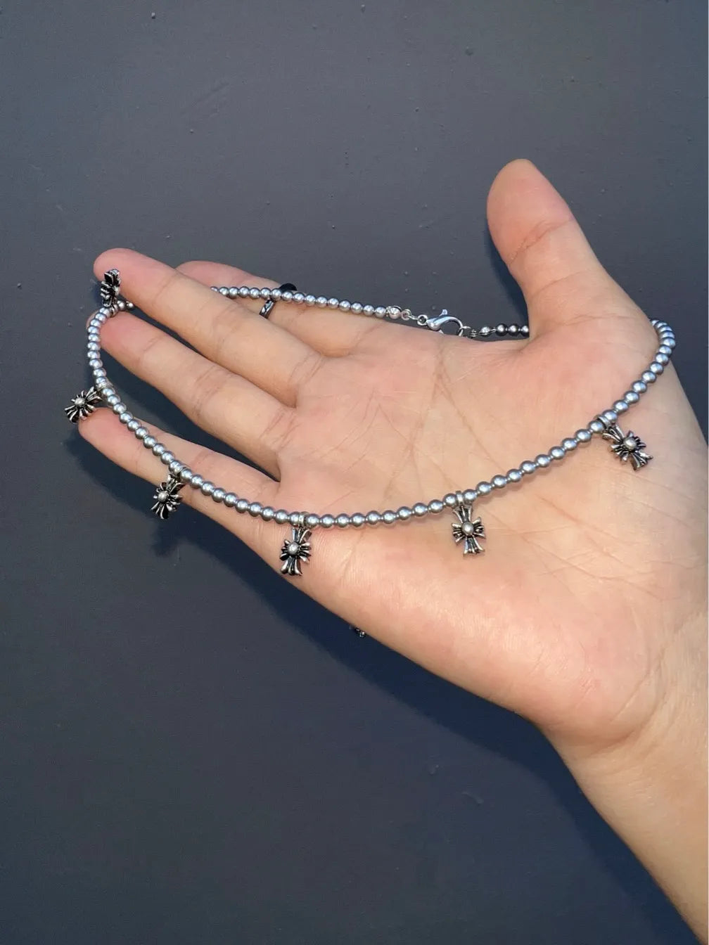 Handcrafted Grey Pearl Choker with Cross Pendants - Unique Statement Necklace for Trendsetters