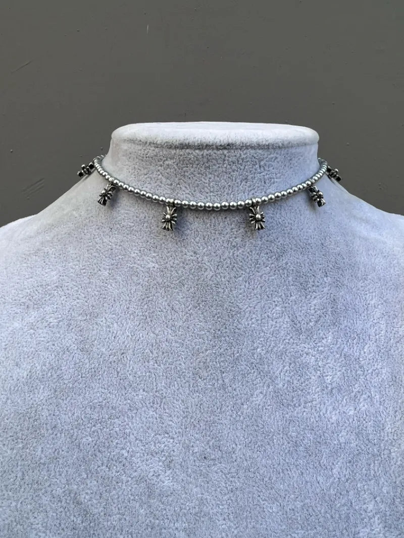 Handcrafted Grey Pearl Choker with Cross Pendants - Unique Statement Necklace for Trendsetters