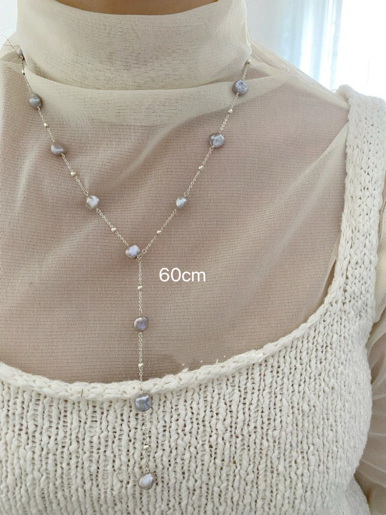 Handcrafted  Blue-Grey Freshwater Baroque Pearl Necklace in S925 silver,Genuine Freshwater Pearls,Collarbone chain, Sweater chain.