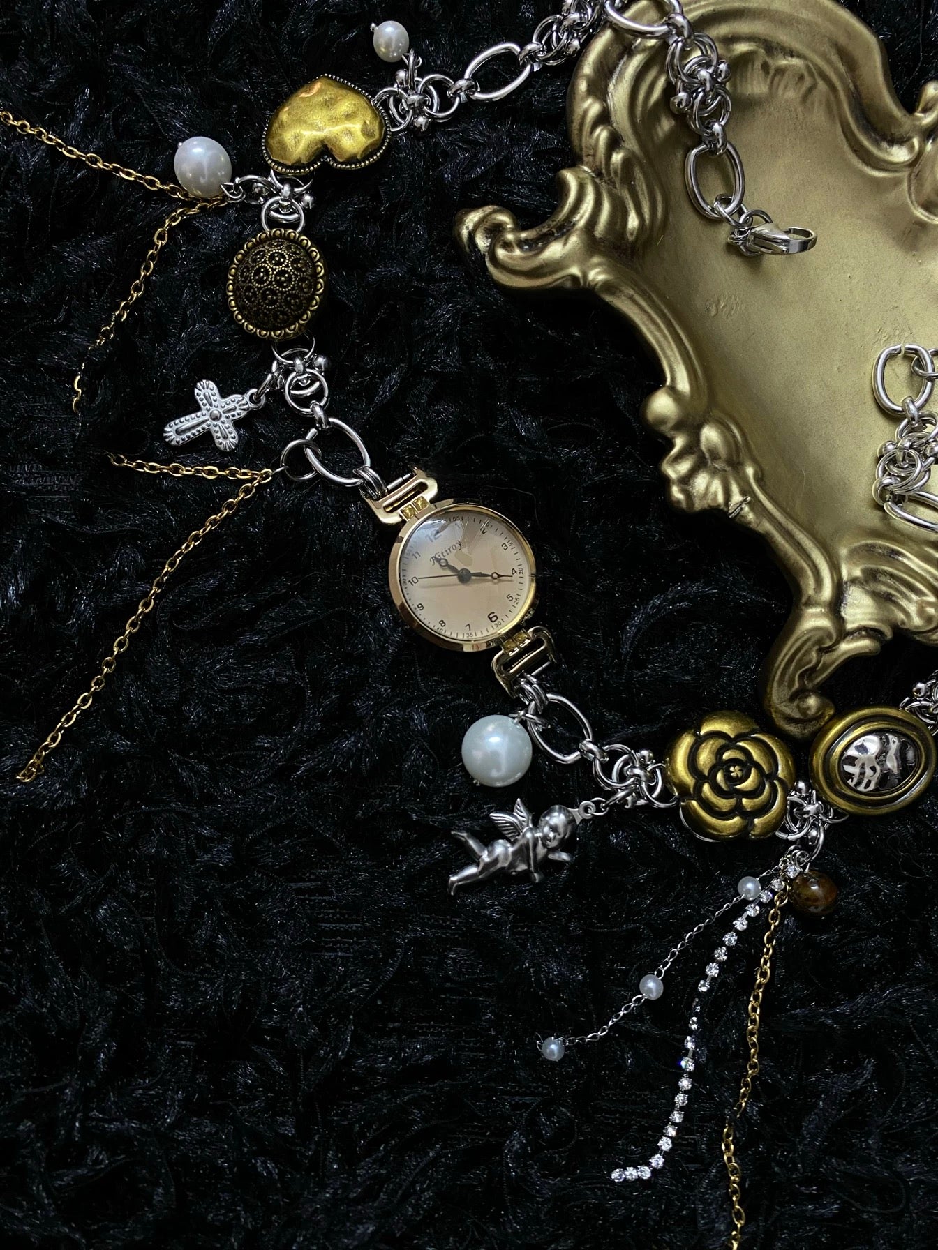Y2K Gold Vintage Watch Choker Necklace, Angel Charm,Pearl,Heart Button, Cross Charm Necklace, Clock Chunky Chain,Tassel Pendant Necklace