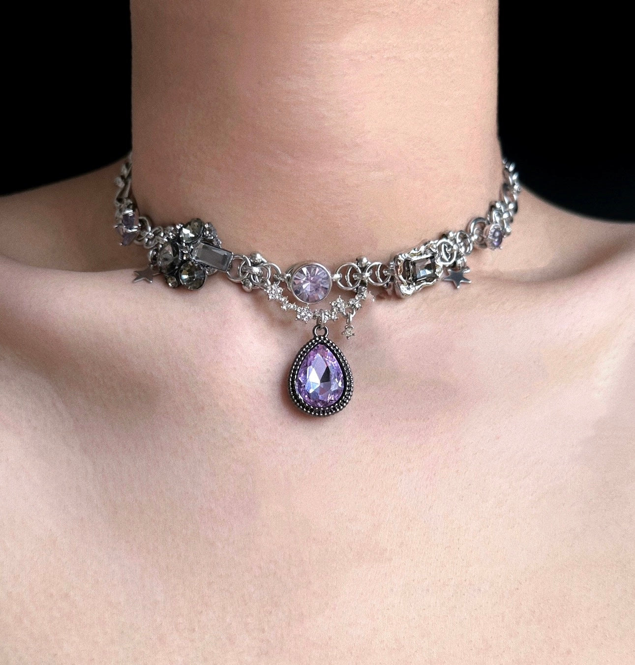 Vintage purple cubic zirconia star pendant silver necklace, vintage courtly choker, Y2K necklace. Perfect for fashionable girls,Perfect gift