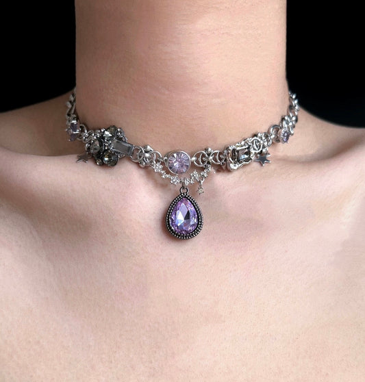 Vintage purple cubic zirconia star pendant silver necklace, vintage courtly choker, Y2K necklace. Perfect for fashionable girls,Perfect gift