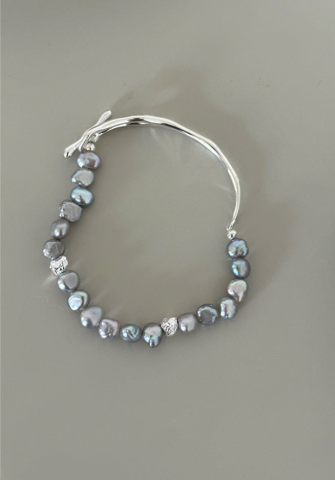 925 Sterling Silver Baroque Freshwater Grey Pearl Bangle, Women's Exquisite Wrist Adornment, 6cm Diameter