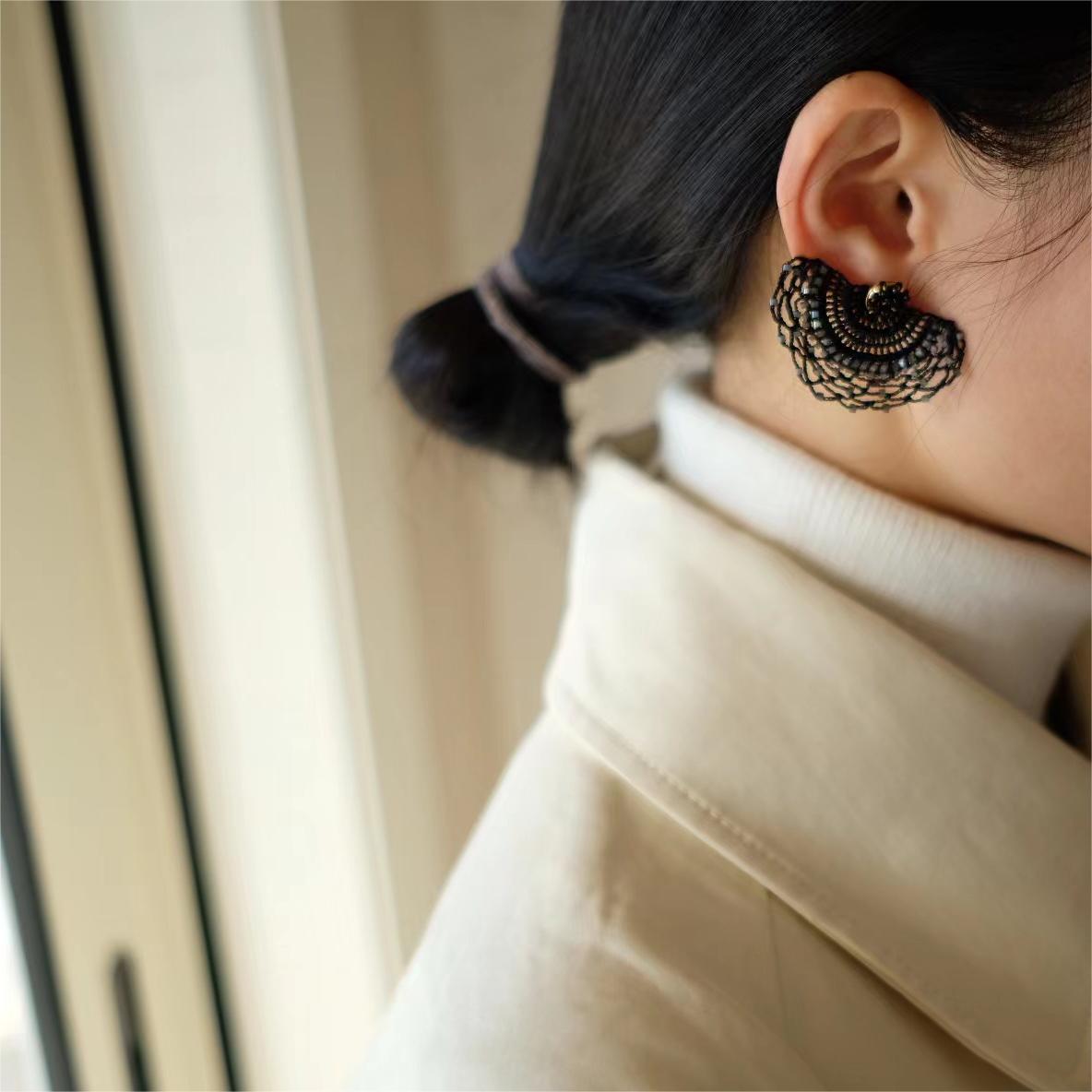 Original Design Hand-Crochet Earrings, Black Lace Ear Studs and Clips