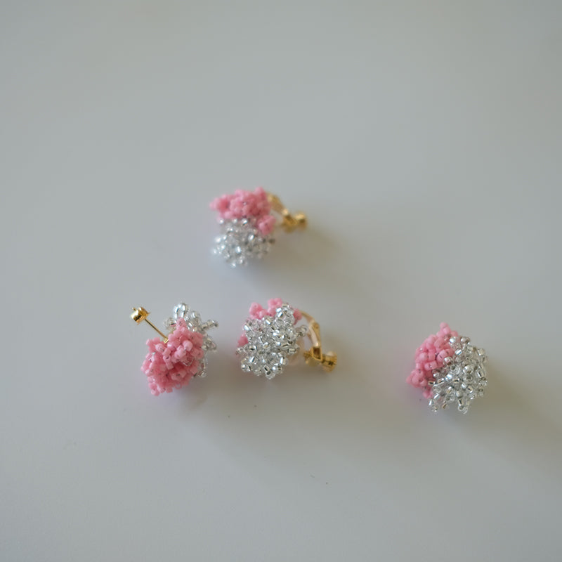 Pink and Silver Two-Tone Earrings, Beaded Crochet Studs and Clips
