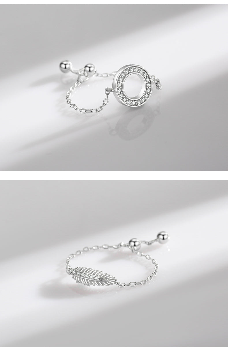 Sterling Silver Ring with Chain Design, Zirconia Inlay, Adjustable Size, Different Choice with Crystals for Women and Girls