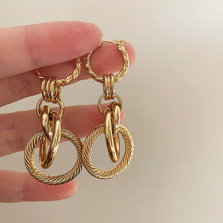 French Style Metal Thread Earrings, Minimalist Circle Pendant, Hypoallergenic Gold-Plated