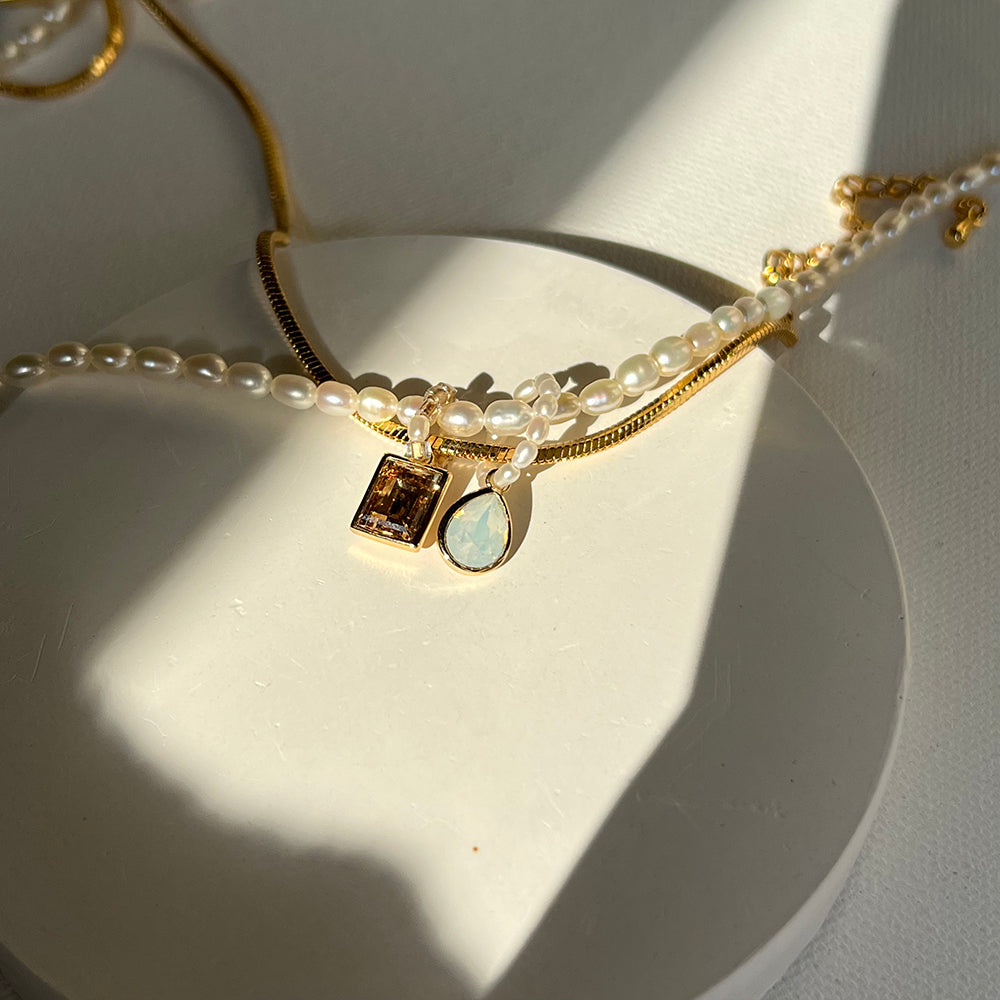 Multicolor Crystal and Natural Pearl DIY Layered Necklace with Titanium Steel Chain