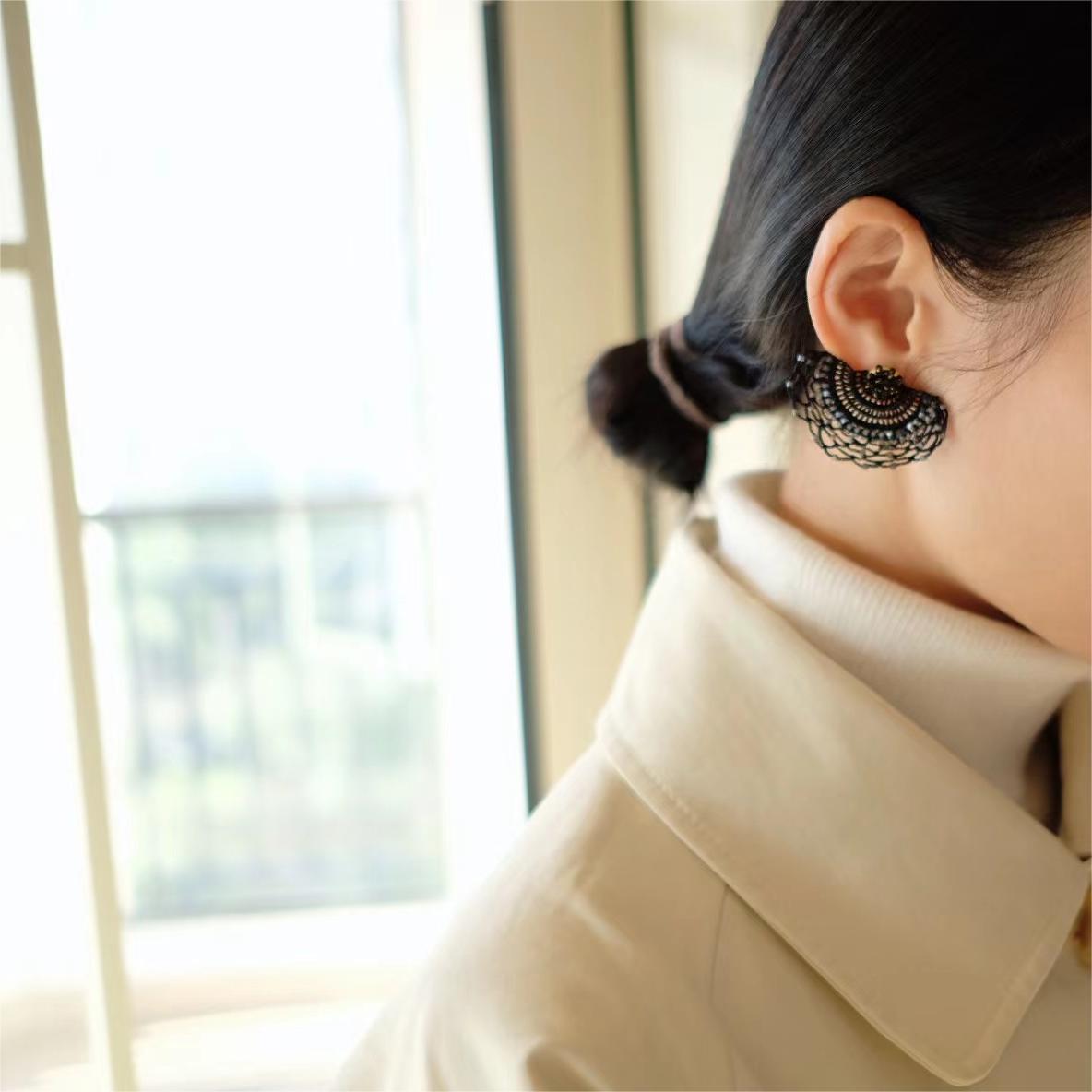 Original Design Hand-Crochet Earrings, Black Lace Ear Studs and Clips