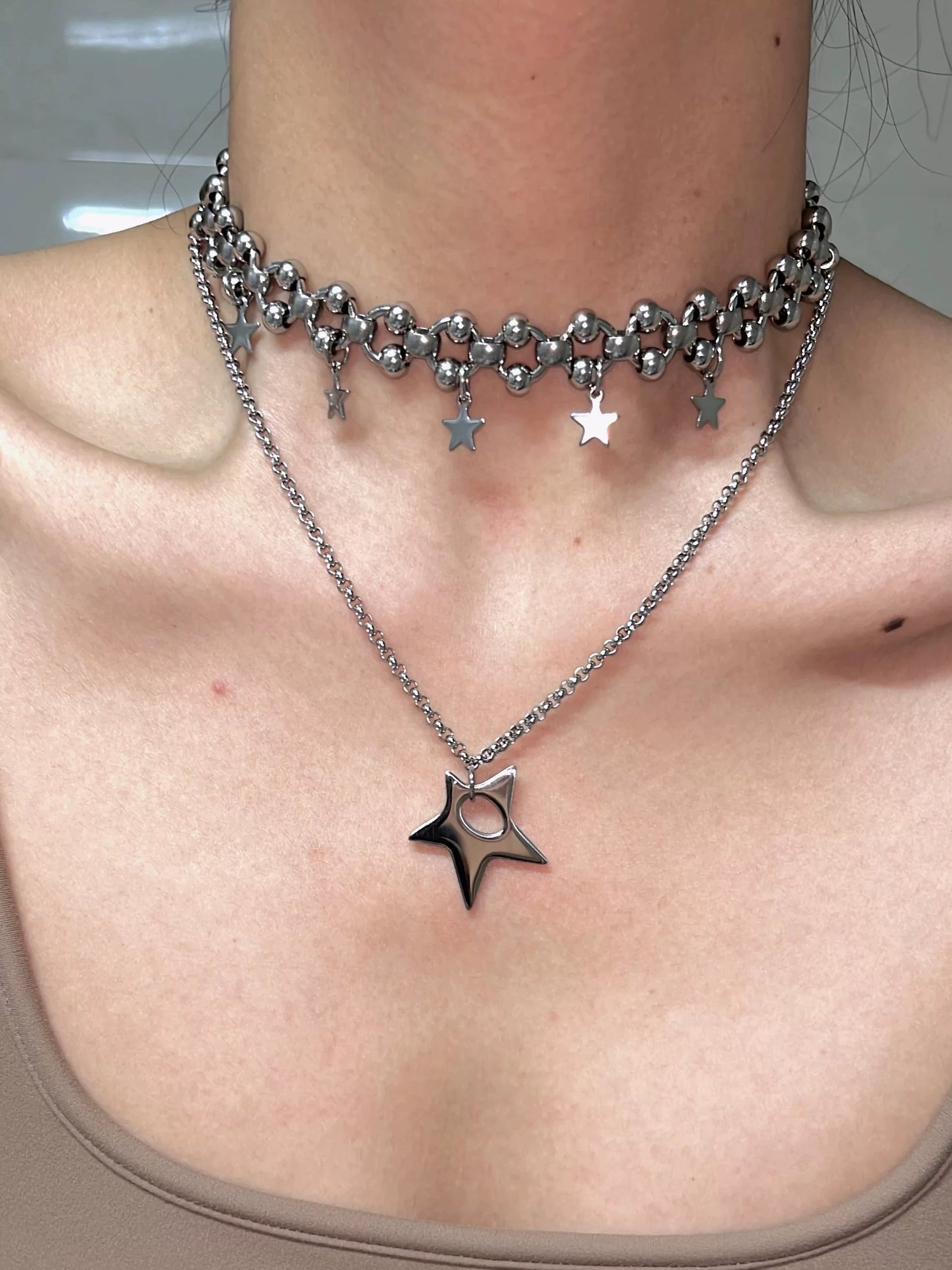 Cyberpunk style star necklace, silver layered necklace, thick chain,y2k