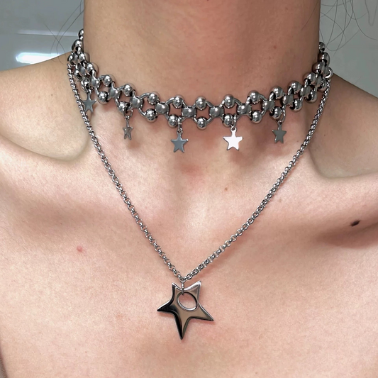 Cyberpunk style star necklace, silver layered necklace, thick chain,y2k