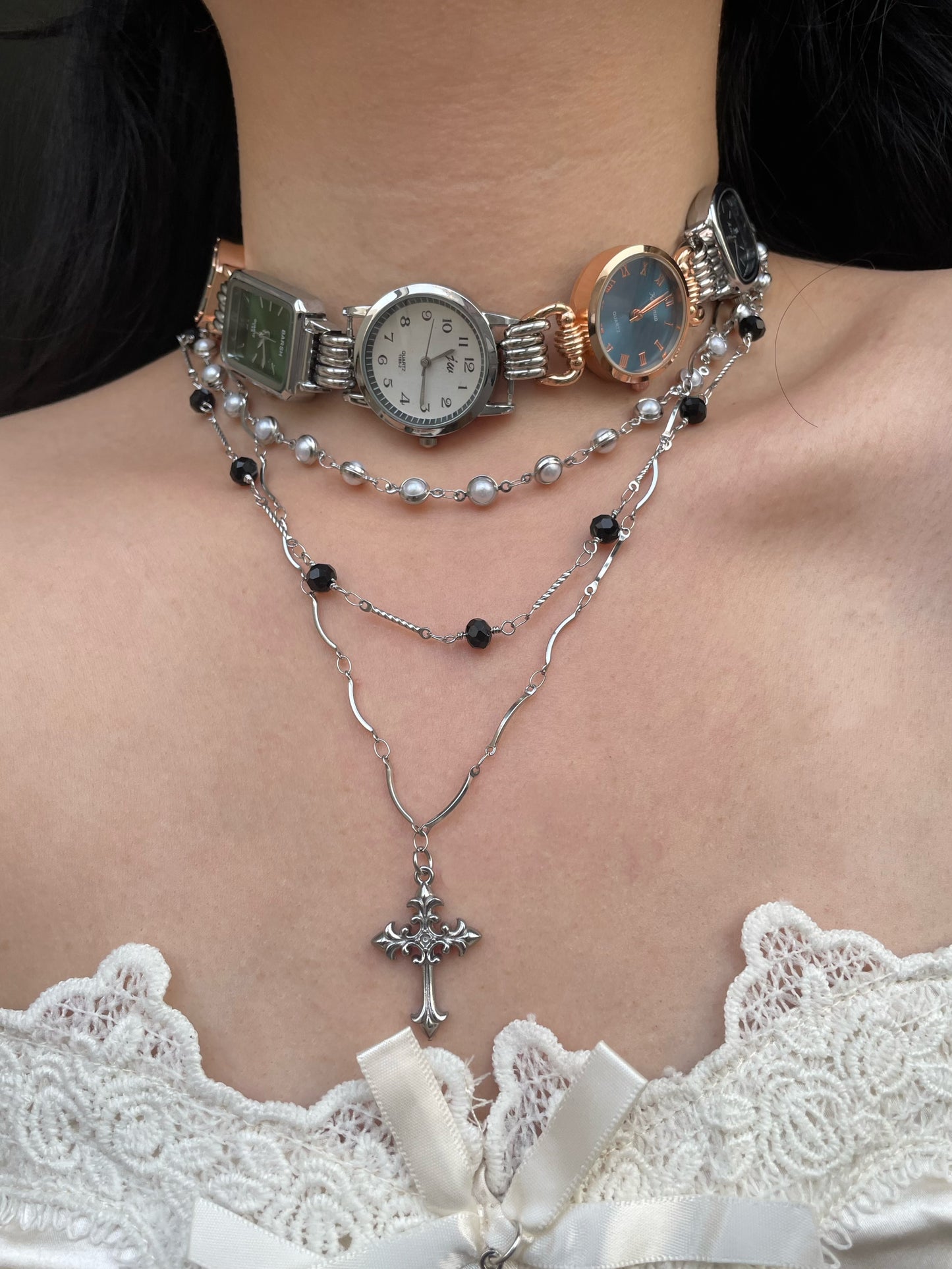 Five watches multi-colored watch choker, cross layered necklace