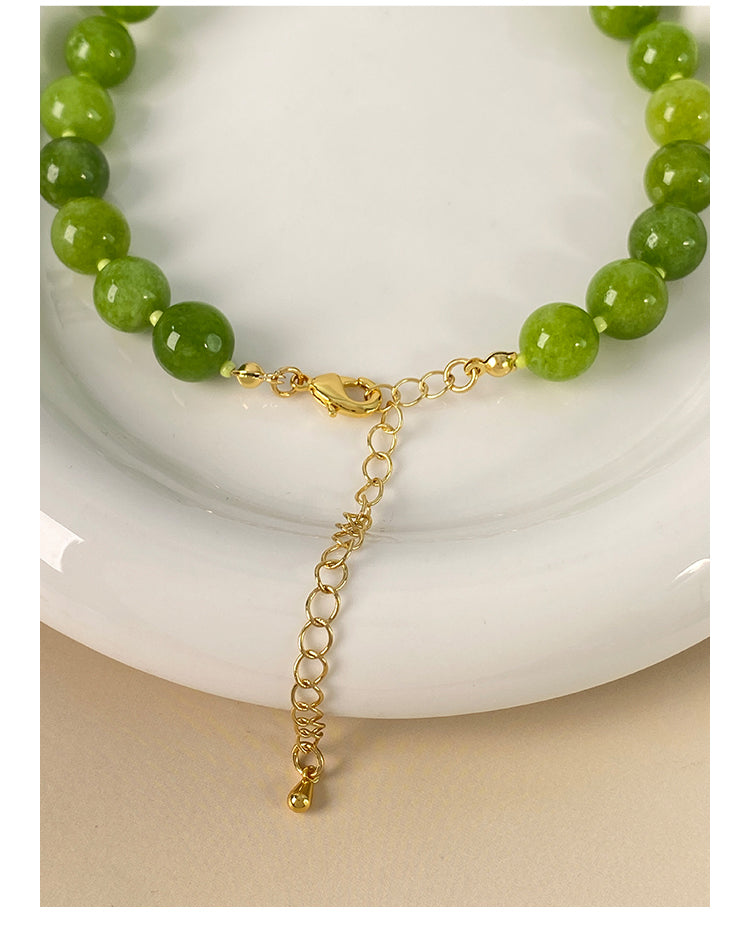 Natural Green Agate Bead Necklace, 18K Gold-Plated Copper, Adjustable 43+8cm Length
