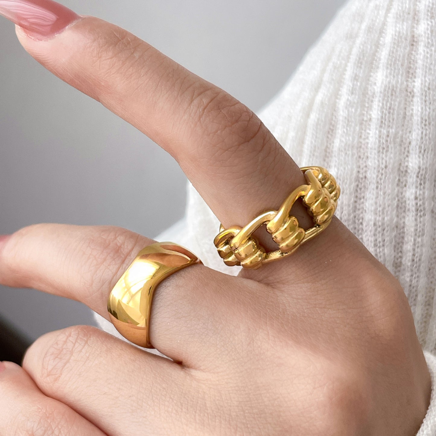 Bamboo Weave Openwork Ring, Wave Design, Titanium Steel, 18K Gold-Plated