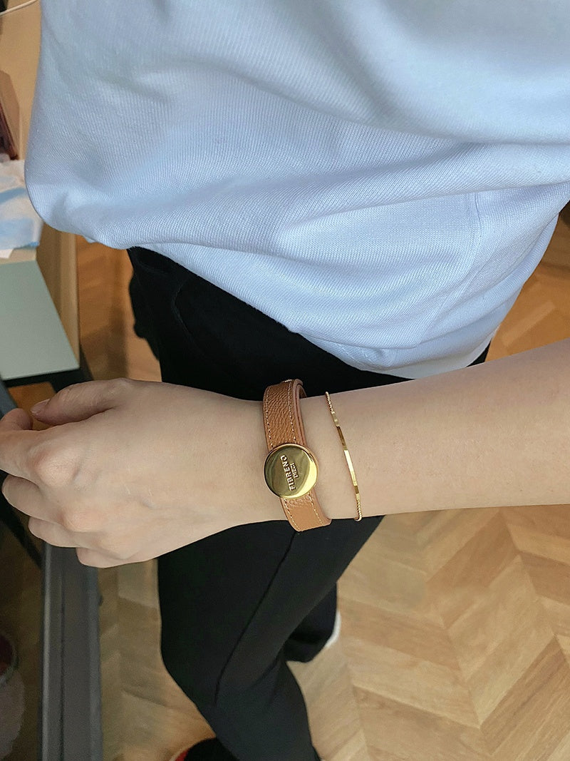 Genuine Leather Brass Cuff, Gold Coin Bracelet, Adjustable Size