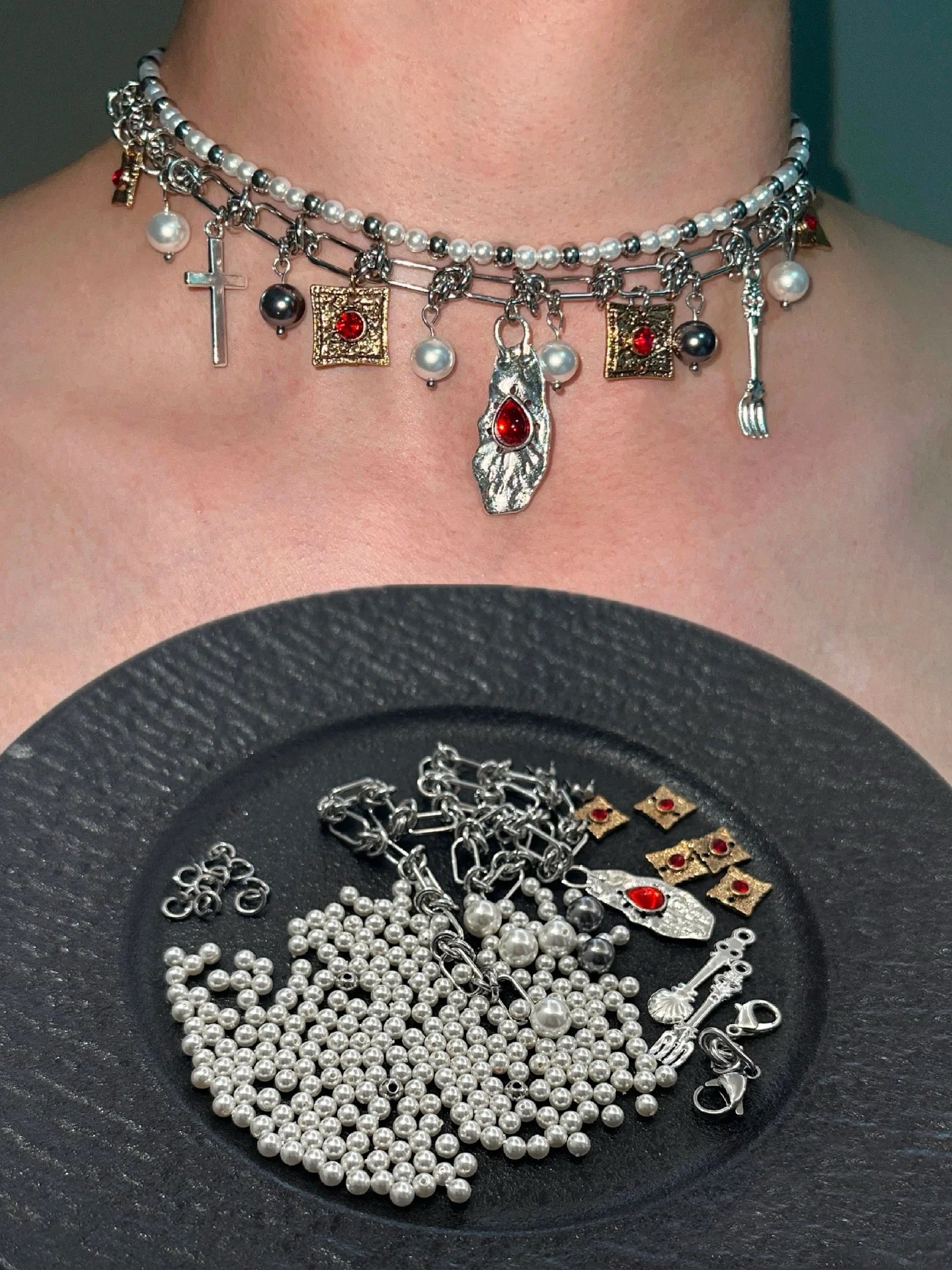 Vintage Cross Necklace with Ruby and Pearl Layering, Uniquely Cyberpunk Y2K Style Necklace, Punk Vintage, Men and Women necklace