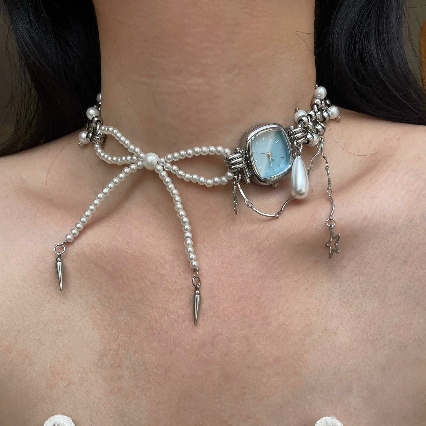 Vintage Elegant Pearl Watch Choker Necklace, Bow Pearl Necklace, Y2K Pearl BlueWatch Necklaces, Niche Punk, Perfect Unique Handmade Gift.