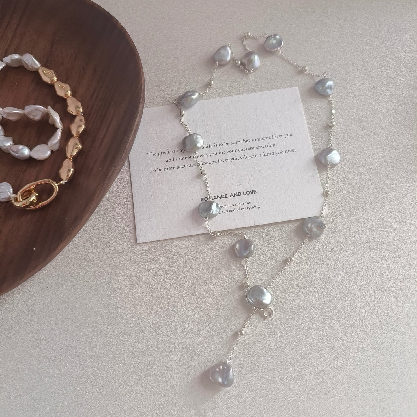 Handcrafted  Blue-Grey Freshwater Baroque Pearl Necklace in S925 silver,Genuine Freshwater Pearls,Collarbone chain, Sweater chain.