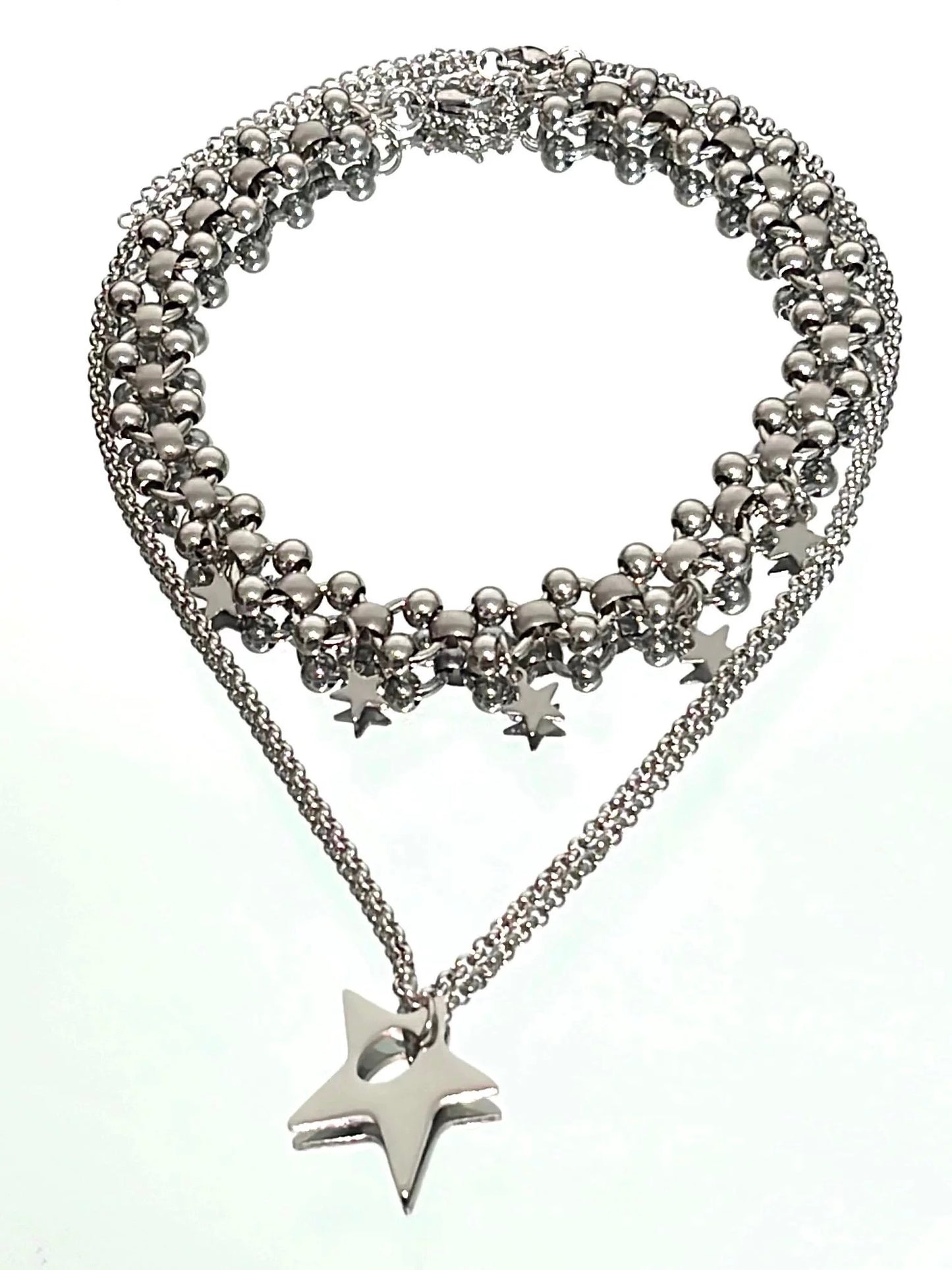 Cyberpunk style star necklace, silver layered necklace, thick chain,y2k