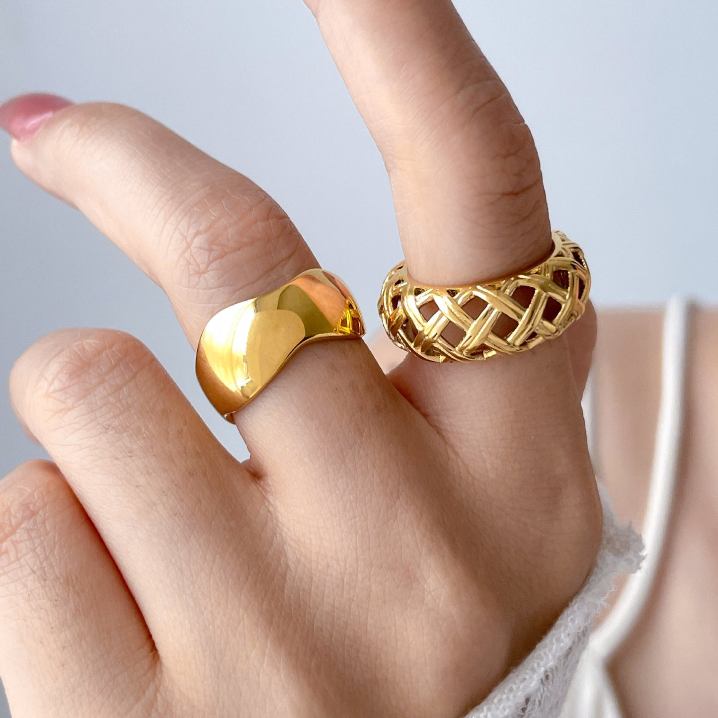 Bamboo Weave Openwork Ring, Wave Design, Titanium Steel, 18K Gold-Plated