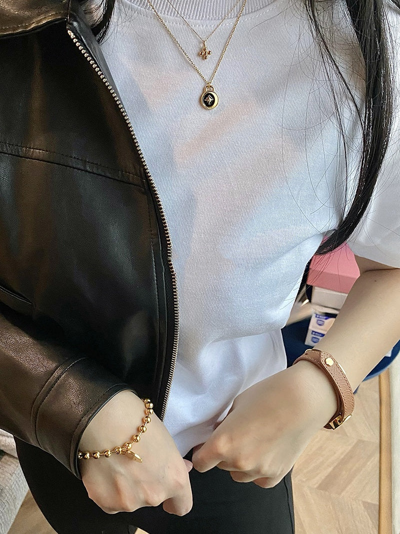 Genuine Leather Brass Cuff, Gold Coin Bracelet, Adjustable Size